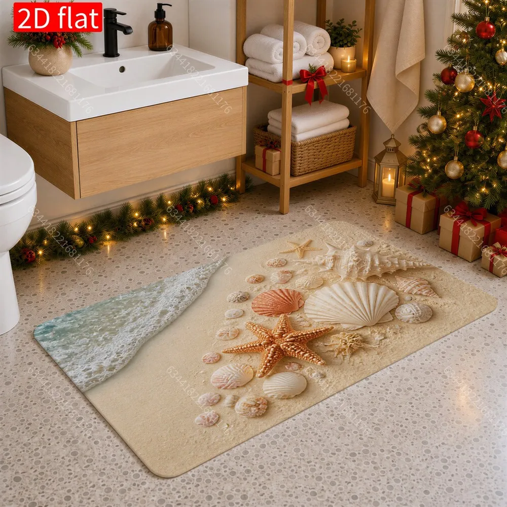 Coastal Nautical Beach Seashell Starfish Rug Bath Mat Area Decor Polyester Washable Home Accent for Bathroom