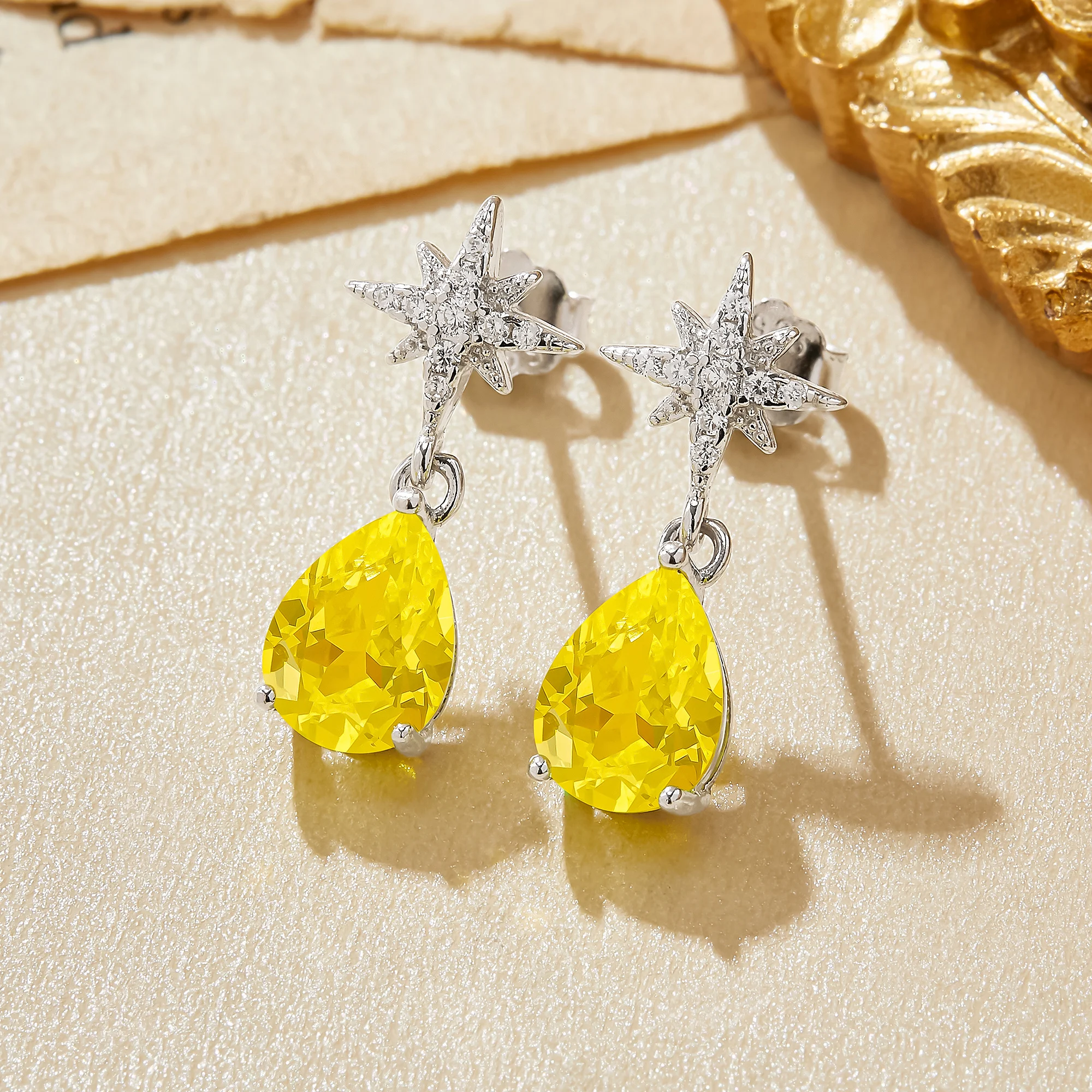 Yellow Fluorescent Star Pear Studs Earrings Solid 925 Sterling Silver Earrings Personality Charm Woman Exquisite Jewelry 6330015