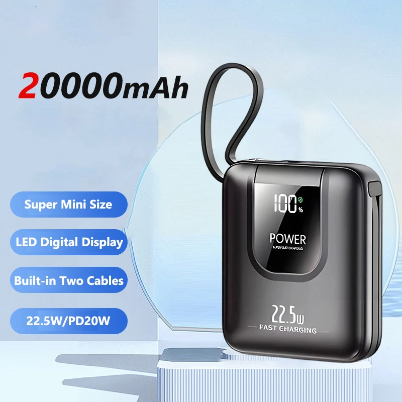 

Внешний аккумулятор Power Bank 20000 мАч 22.5 Вт с супербыстрой зарядкой и кабелем, цифровой, для iPhone 17, Samsung, Huawei, Xiaomi
