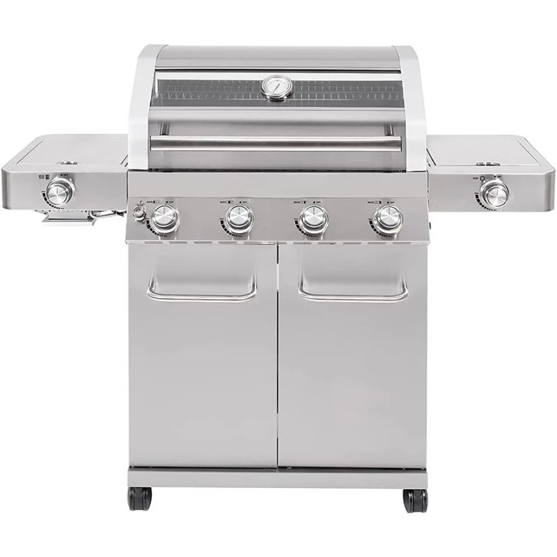 Larger 4-Burner Propane Gas Grills Stainless Steel Cabinet Style, Knob Controls, Built-In Thermometer