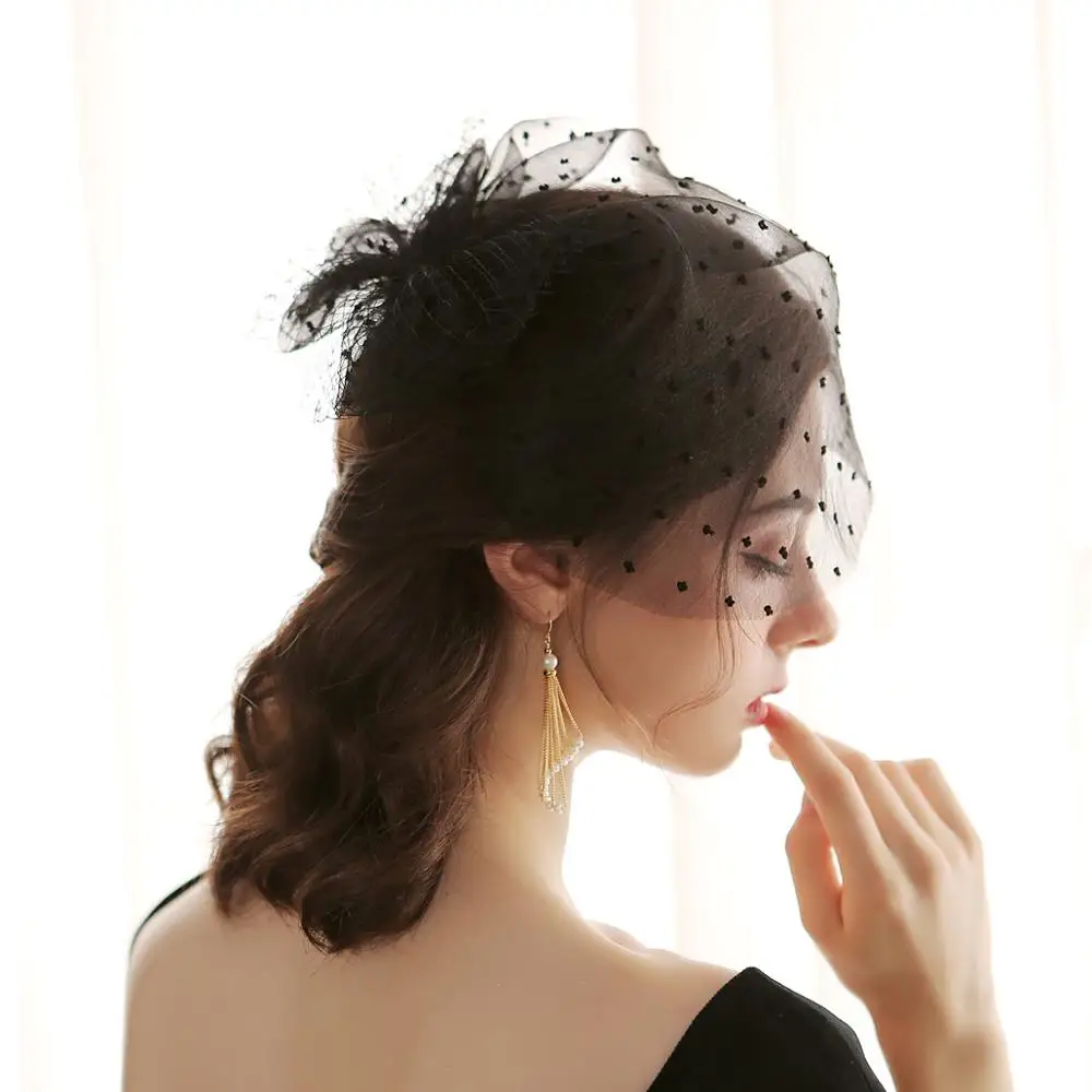 Accesorios para el cabello para novia, velo de cabeza de jaula de tul con lazo, punto negro y blanco, Estilo Vintage, Mini sombrero de novia para boda