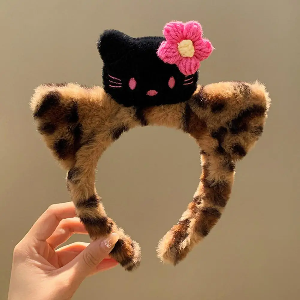 Bonito gato orelha leopardo impressão de pelúcia bandana impressão plusies meninas rosto lavagem maquiagem bandana dos desenhos animados acessórios para o cabelo presente