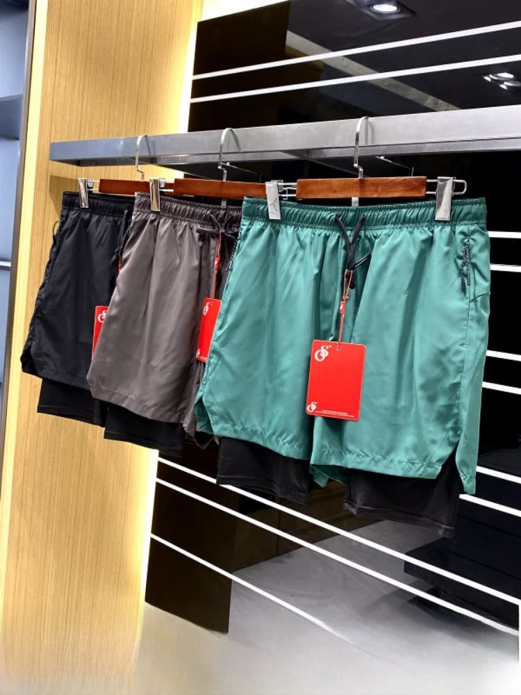 Outdoor Sports Shorts Men's Summer Quick Dry Breathable Two-in-One Fitness Running Pants Polyester Fiber Casual Shorts