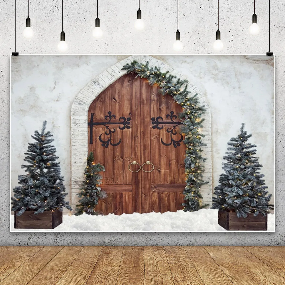 Christmas Theme Backdrop Vintage Arch Wooden Door Xmas Trees Gift Plain Lime Wall Photography Background Xmas Party Banner