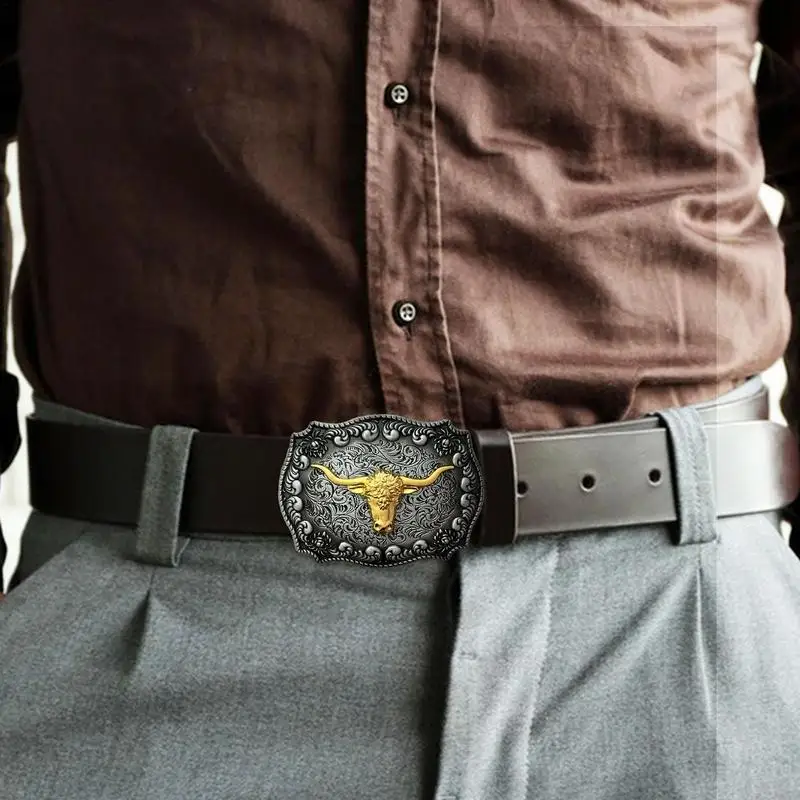 Belt Buckles Men Western Cowboy Long Horn Metal Bull Buckle Long Horn Bull Pattern Buckle Belt Floral Engraved Buckle