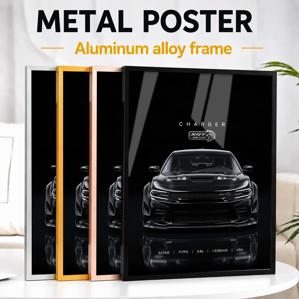 Black American Charger SRT Hellcat Car Framed Metal Poster Customized Studio Graphic Wall Art For Home Racing Simulator Room