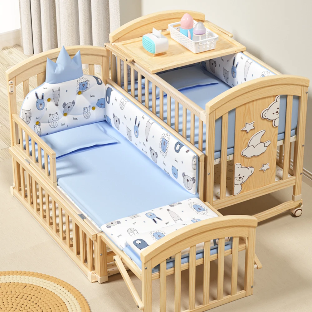 

Modern Style Unpainted Solid Wood Newborn Baby BB Cradle Multifunctional Mobile Baby Crib Children's Spliced Bed