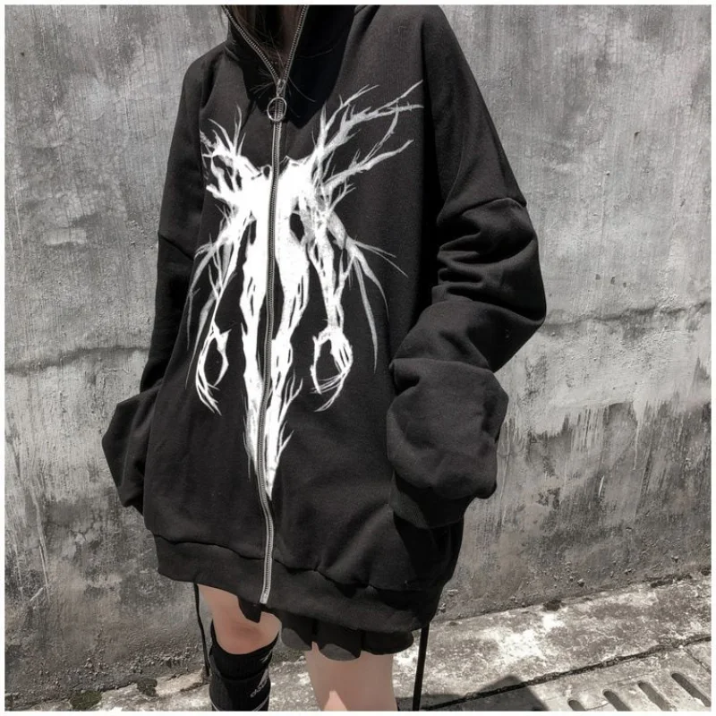 

Deeptown Gothic Graphic Sweatshirt Women Oversize Grunge Y2k Zip Up Hoodie Streetwear Harajuku Korean Fashion Punk Hooded Couple