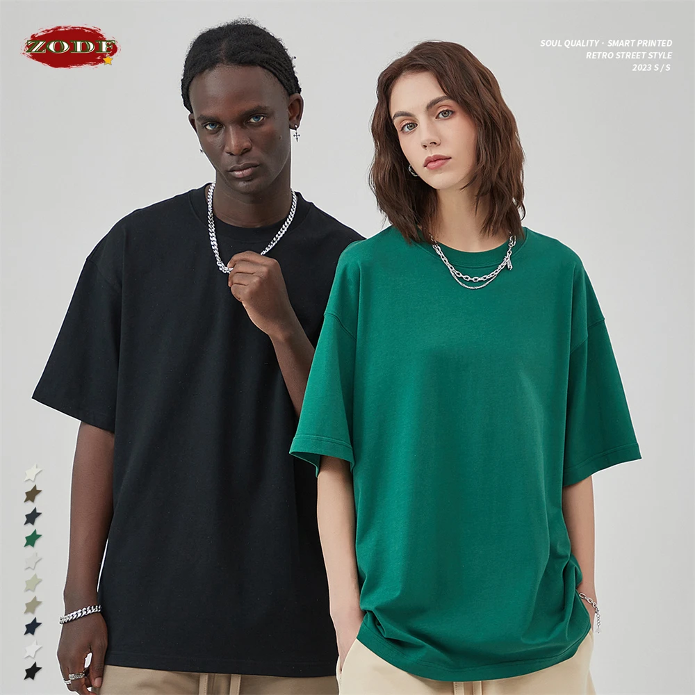 ZODF New 2023 Summer Men 275gsm Cotton T Shirts Unisex Women High Street Oversized FG Noshrink Solid T-Shirt Streetwears HY0152