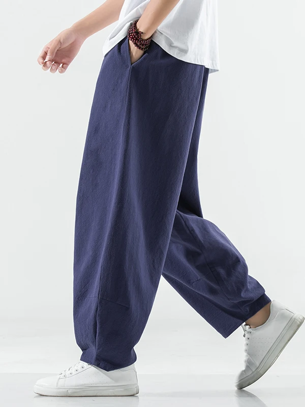 

Men's Winter Warm Large Size Casual Pants Loose Fit Cotton Linen Fce Lined Wide Leg Harlan Trousers Comfortable Sportswear