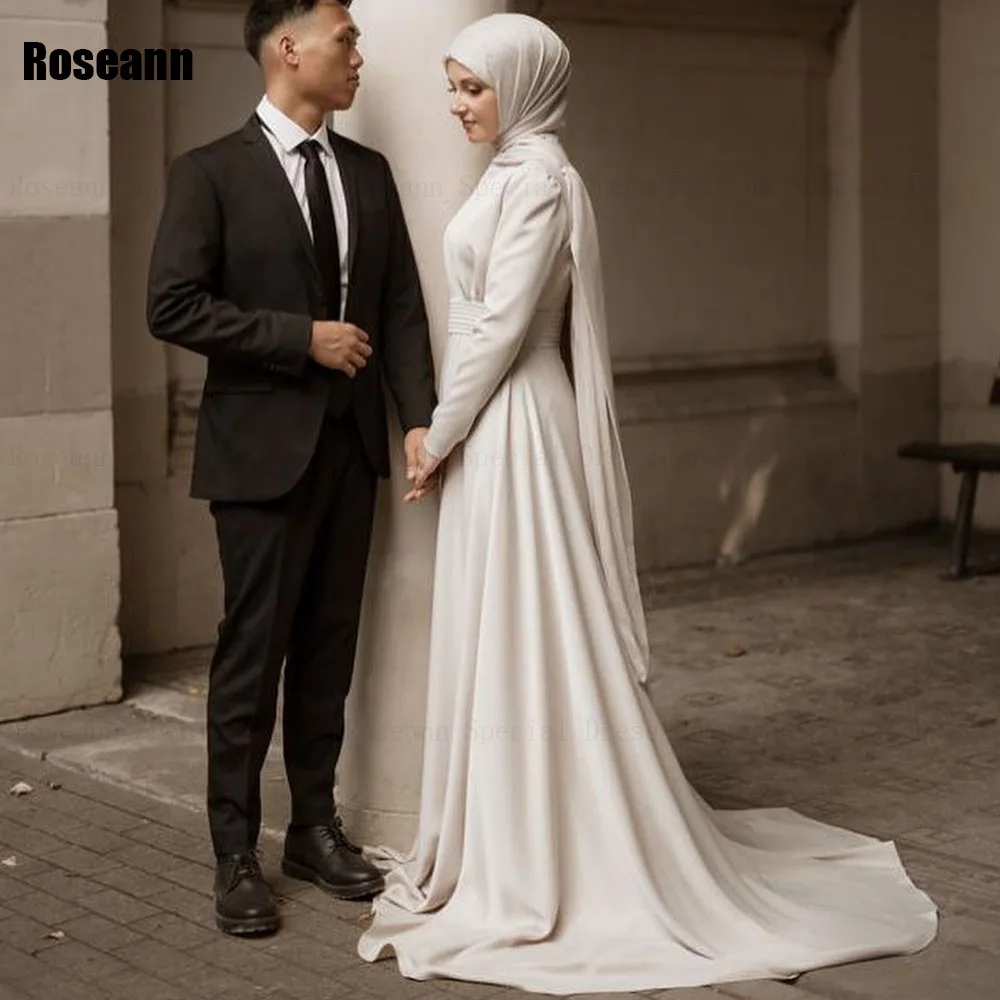 

Muslim Fashion High Collar A-line Wedding Dresses Draped Pleat Full Floor Length Ribbon Bride Dress Brush Train robe de mariée