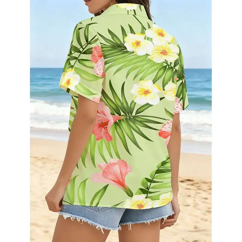 Women's Casual Short Sleeve Shirt Light Base Powder Yellow Floral Print Tropical Style Full Pattern Button-Up Top Machine Washab