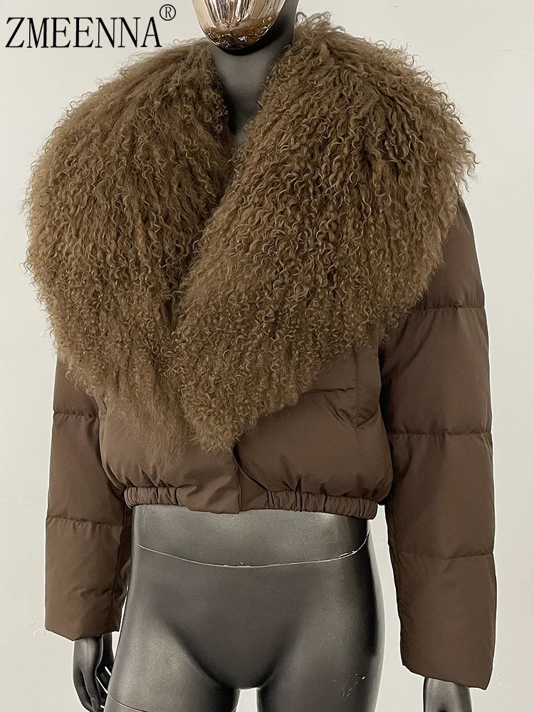 

ZMEENNA Women's Brown Puffer Jacket With Curly Lamb Fur Collar Warm Cropped Winter Coat Stylish Down Outerwear ZM3394