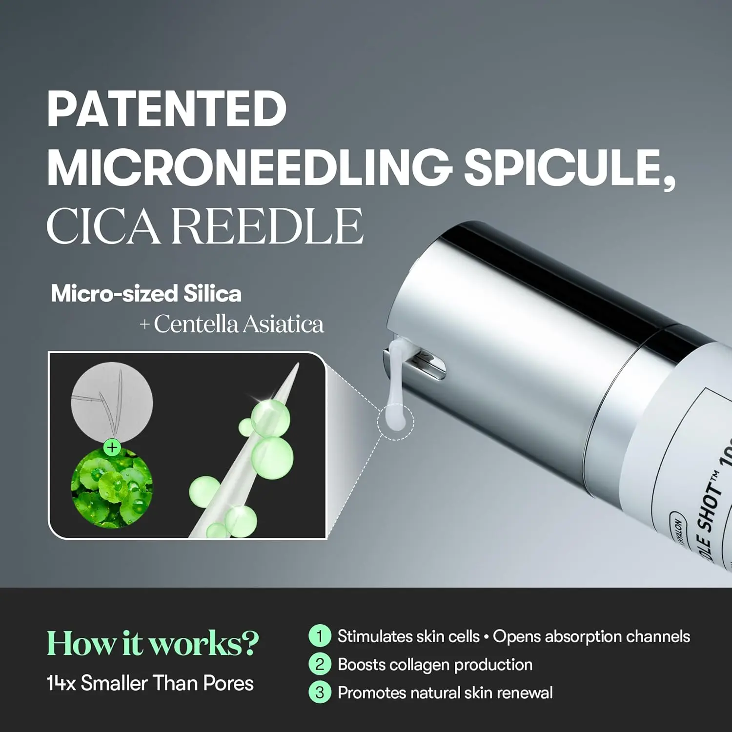 VT COSMETICS CICA Reedle Shot 100 Microneedle Serum offers pore-minimizing and exfoliating benefits, improving skin texture