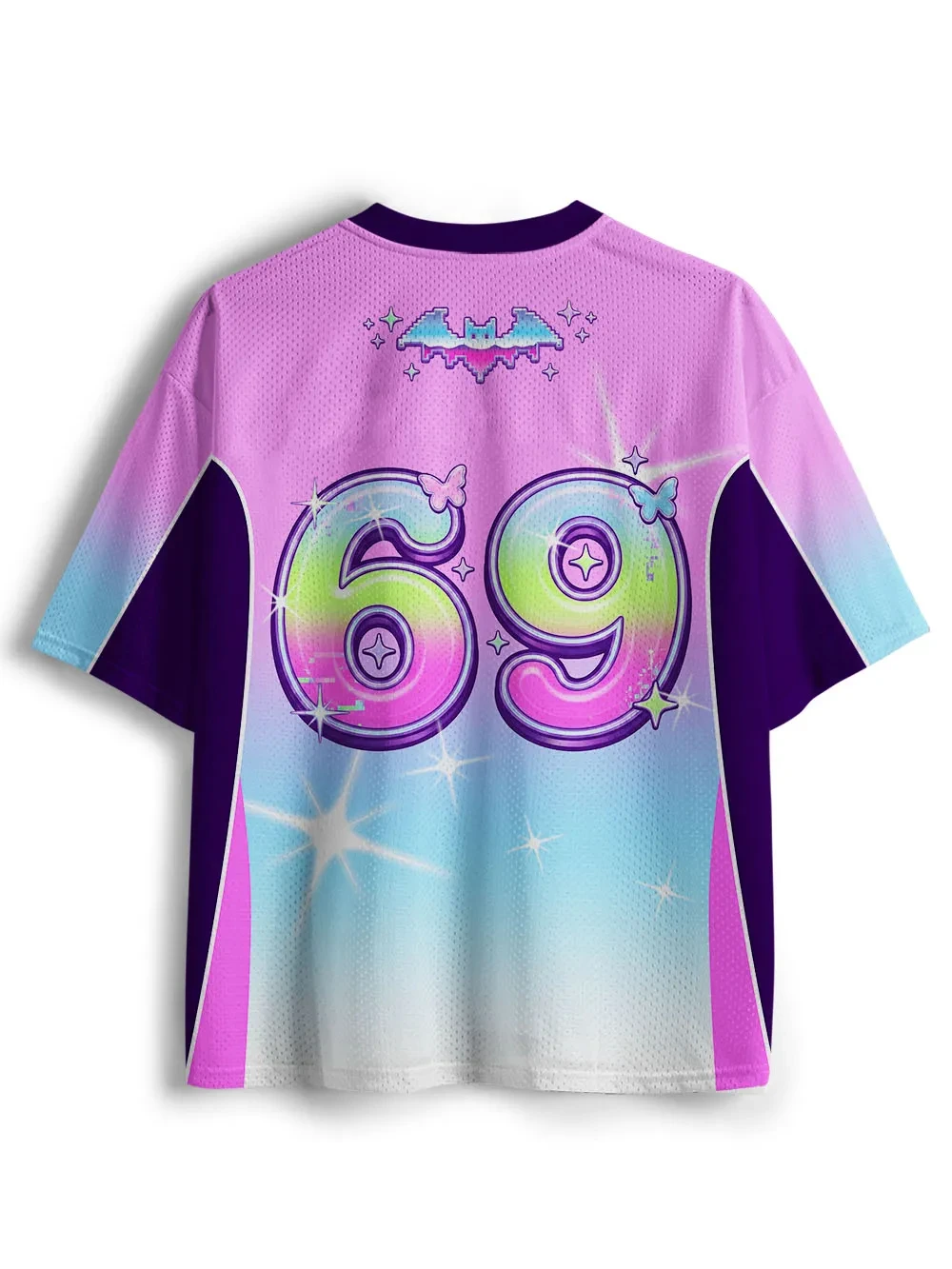 Unisex Y2K Pink Purple Cute Bat Star Graphic Mesh Tee V‑Neck Short Sleeve Breathable Loose Streetwear Summer Sport Tops