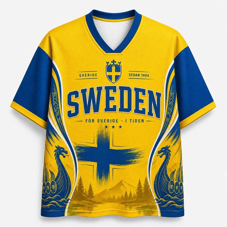 2026 Swedish Football Fan Uniform Football Print Breathable V-neck Mesh Football T-shirt Is A Must-have for Fans