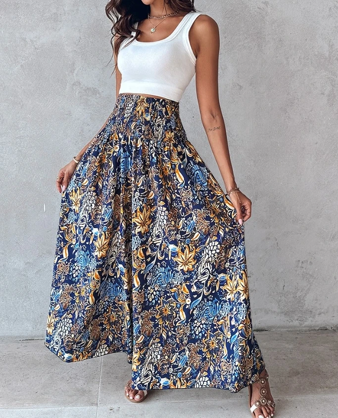 Women's Vintage Floral Print Shirred Wide Leg Pants Summer New Fashion Female Clothes Women High Waist Vacation Casual Trousers