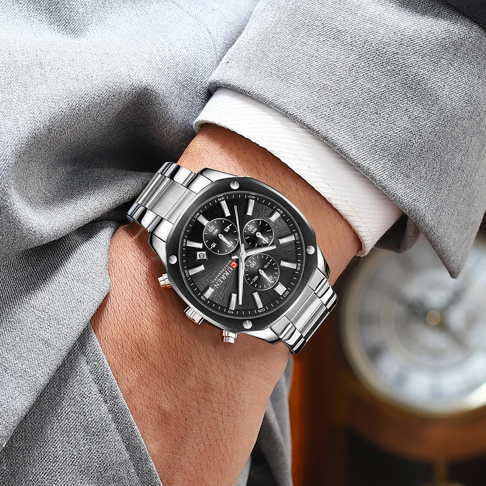 CURREN Reloj cronógrafo informal de negocios para hombre, banda de acero inoxidable con esfera negra, manecillas luminosas, movimiento de cuarzo
