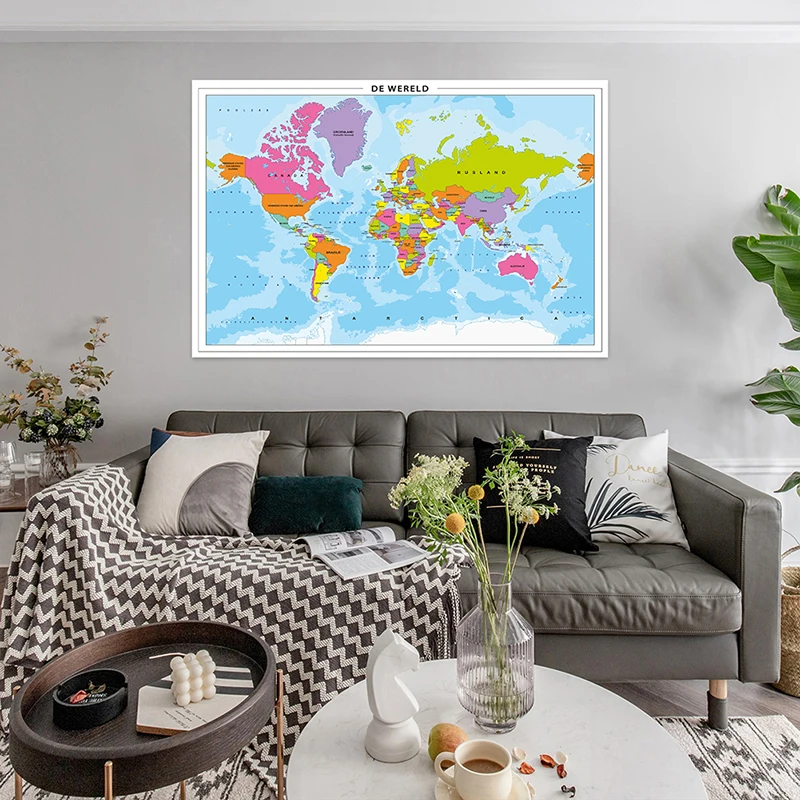 150x100cm Map of The World In Dutch Non-woven Painting Wall Poster Office Home Decoration School Classroom Supplies