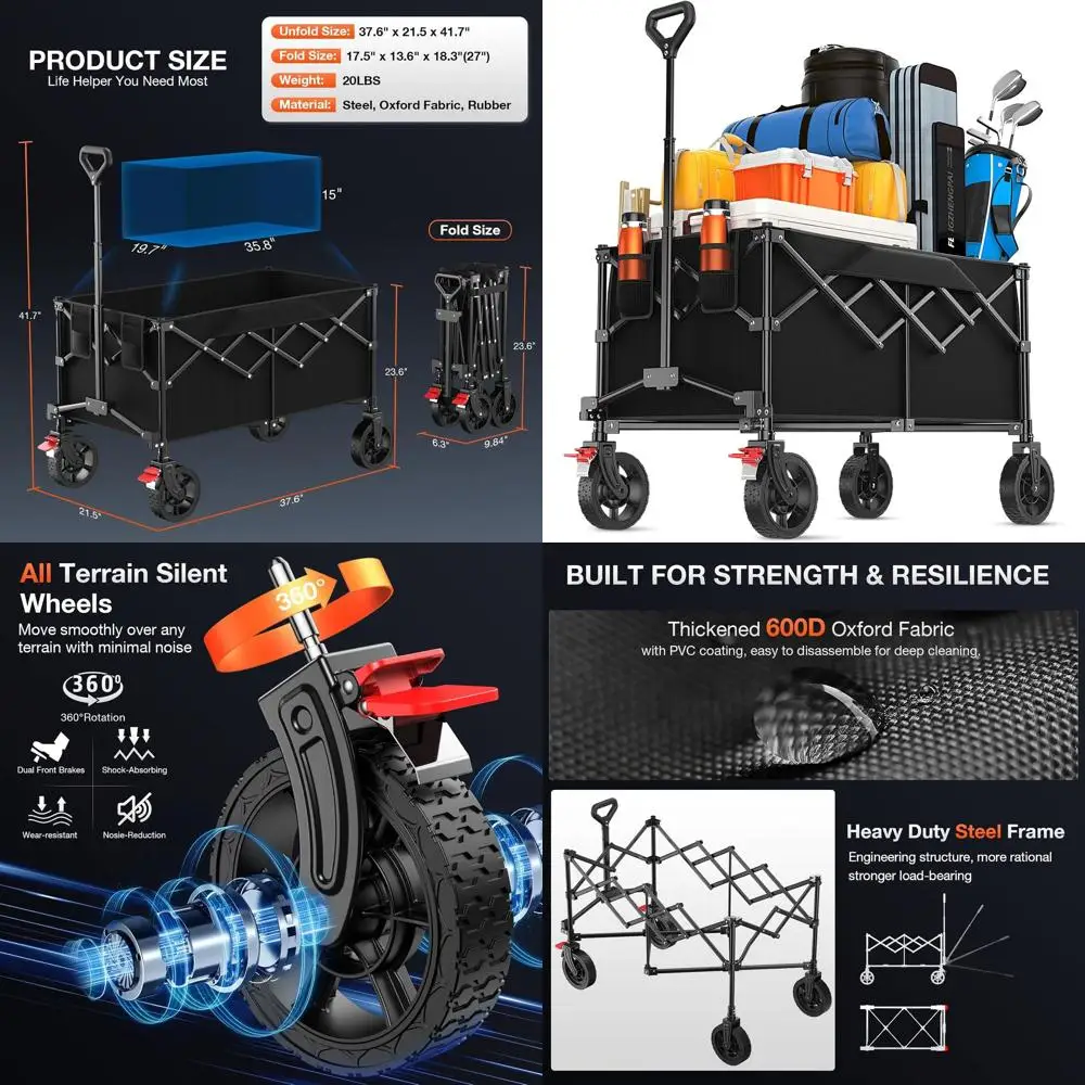 

Large 180L Collapsible Wagon Cart with Wheels, 330LBS Capacity, Foldable Utility Cart for Beach, Sports, Garden, Laundry, Outdoo