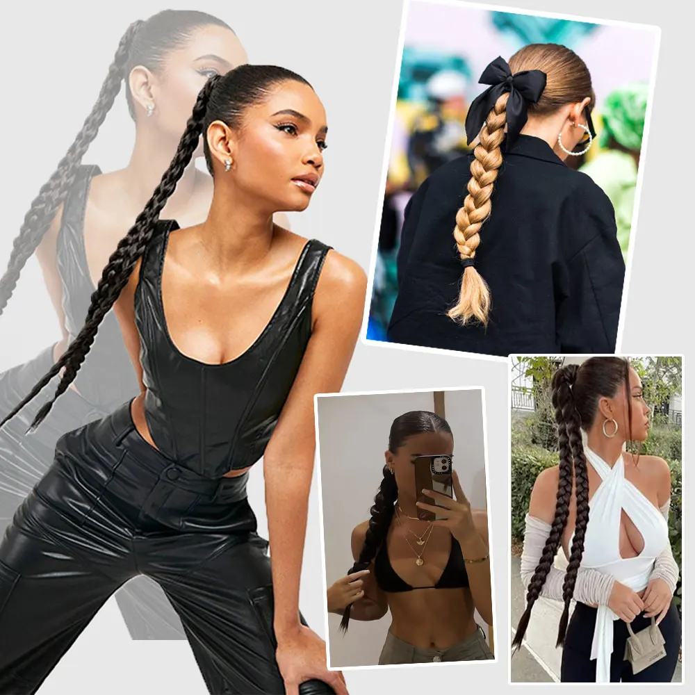 24inches Synthetic Long Braided Ponytail Hair Extensions for Women Black Brown Pony Tail with Hair Rope High Temperature Fiber