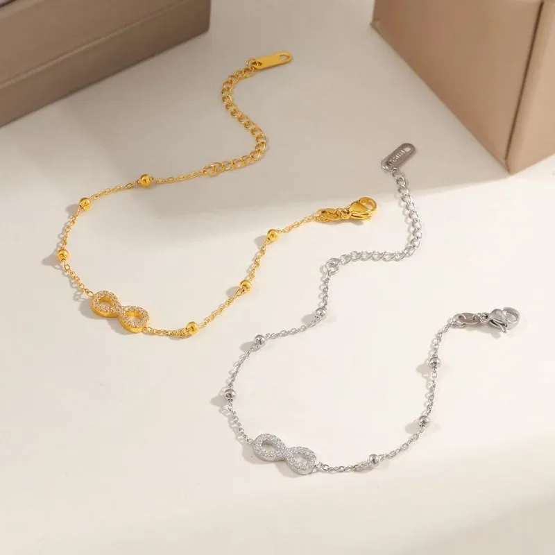 Stainless Steel Infinity Symbol Bracelet Cubic Zirconia 8-Shaped Charm Adjustable Beaded Chain Anti-Rust Chain Jewelry For Gift