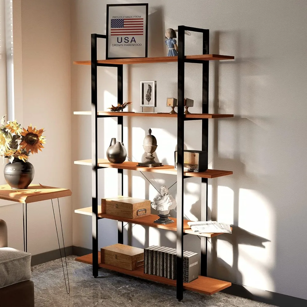 Industrial Bookshelf,Real Wood Bookshelves, Modern Open Rustic Bookcase,Display Shelf, Poplar Solid Wood-5 Tier Shelf,Bookcases