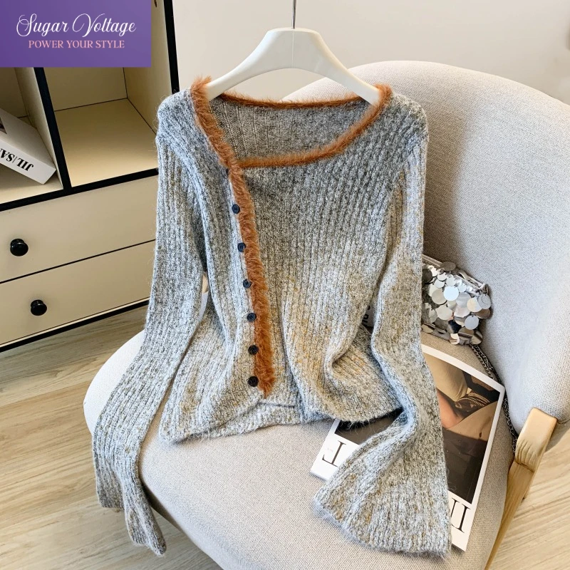 

Korean Fashion Sweater Women Autumn Winter Gray Knit Cardigan with Contrast Furry Trim Long Sleeve Flared Sleeve Casual Pullover