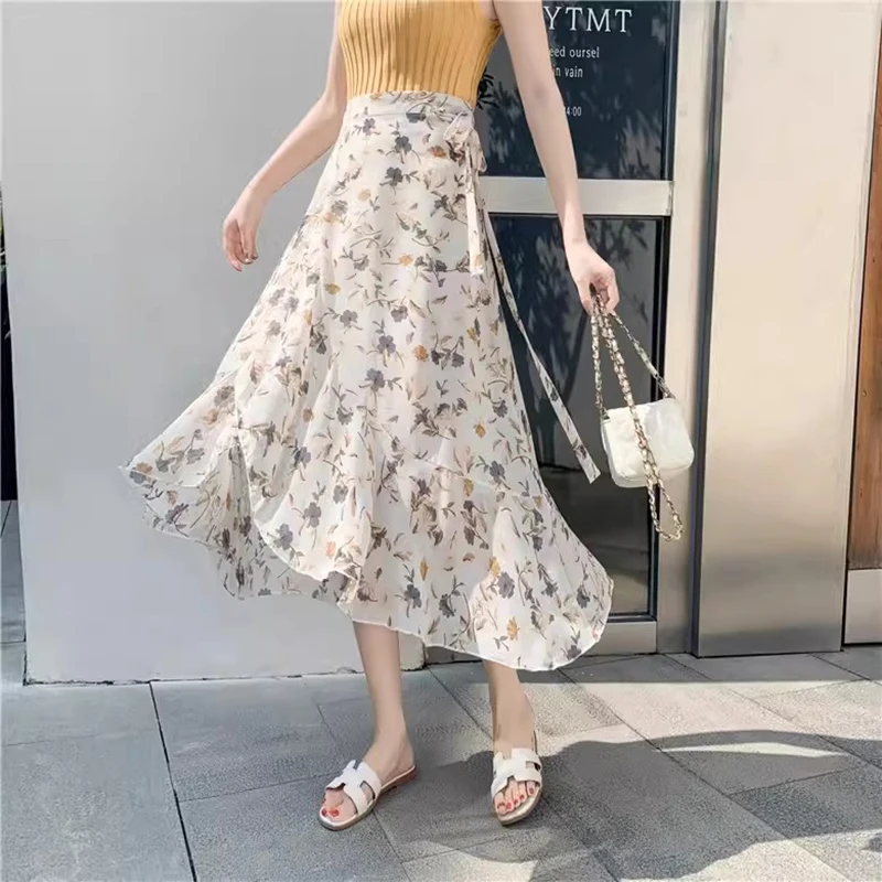 New Women Summer Irregular Floral Skirt Fashion High Waist Ruffles One-piece Lacu-up Beach Skirt Casual Holiday Chiffon Skirt