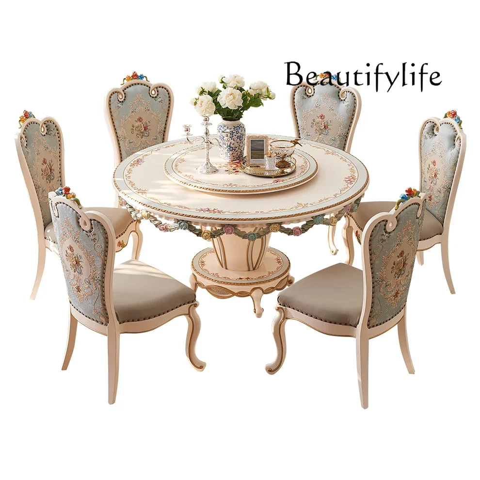 

Palace European French villa all solid wood 1.5M with turntable hand-painted flower round dining table and chairs