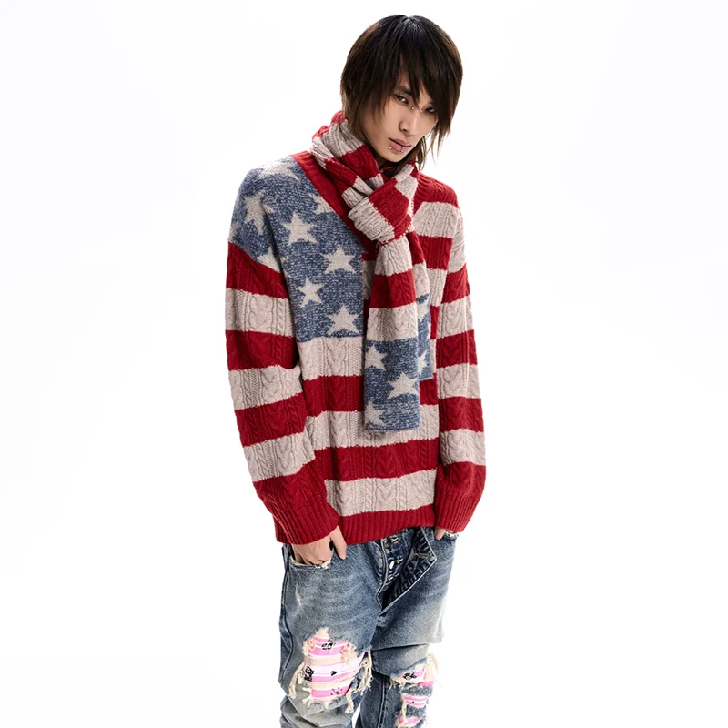 LUZHEN 2026 Winter Trendy Stripe Pentagram Patchwork Pattern Scarf Decorate Loose Sweater Men's Handsome Knitted Pullover JY9341
