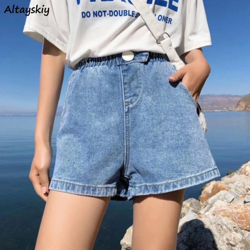 

Shorts Women Denim Wide Leg High Waist Summer Solid Simple Pockets Streetwear All-match Thin Basic Students Plus Size Stretchy