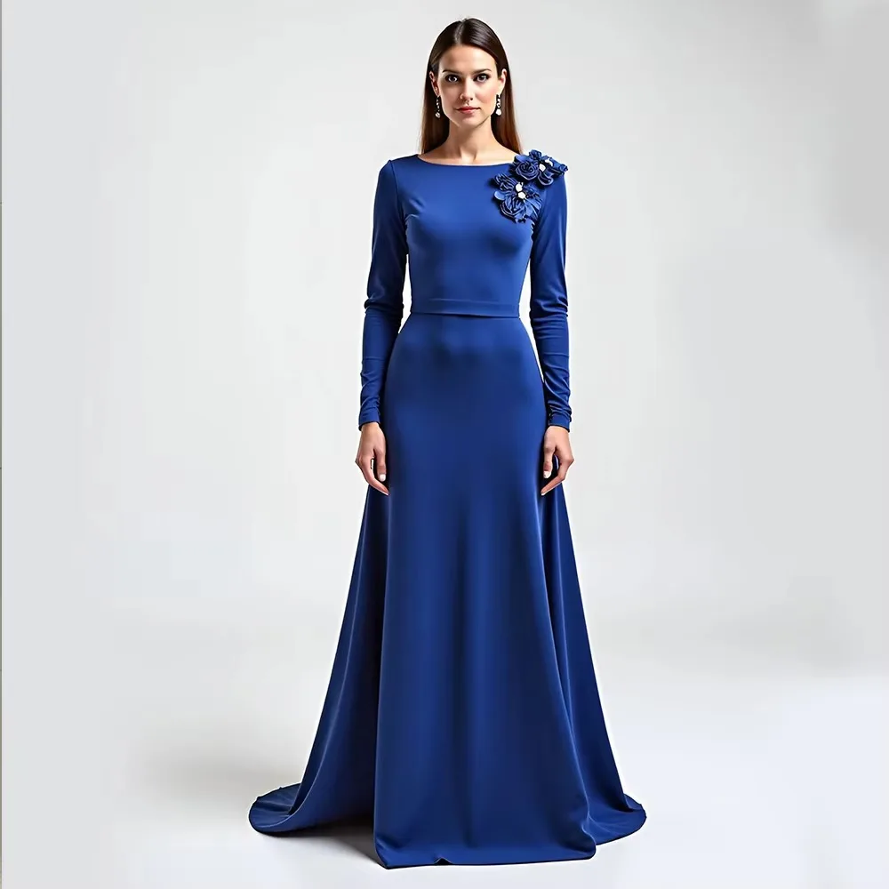 Customized Backless Mother of the Birde Dresses 3D Flower Appliques A Line Long Women Evening Dress Blue Luxury Formal Gown 2026