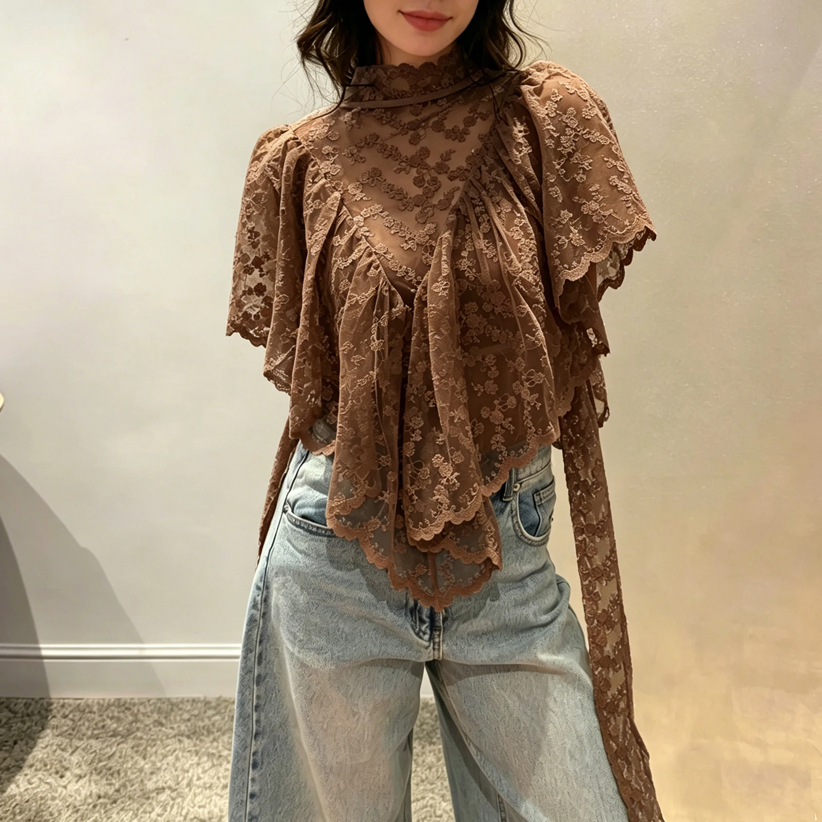 2026 Women's Summer Flower Embroidery Lace Sheer T-Shirt Irregular Triangle Ruffled Hem Capes Flutter Sleeves High Neck Top
