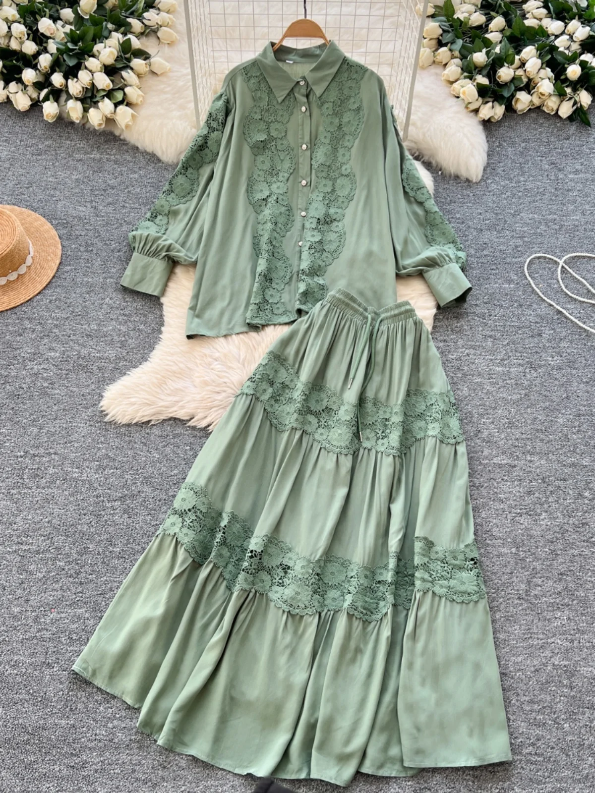 

Spring Faion Ladies' Lace Hollow out Long Sve irt And High Waist f Skirt Set Vintage Court Sle Ensemble