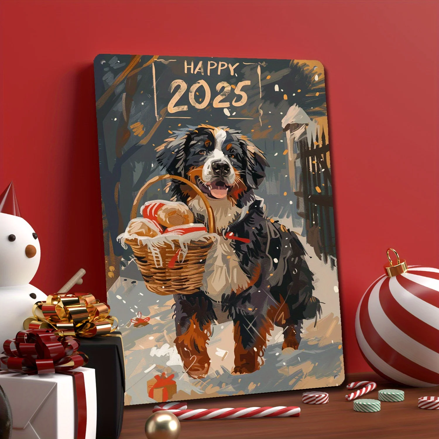 2D Flat 1pc 8x12 Inch(20cm X 30cm) Bernese Mountain Dog's Holiday Bread Basket Tin Sign Alpine Treats and Season's Greetings f
