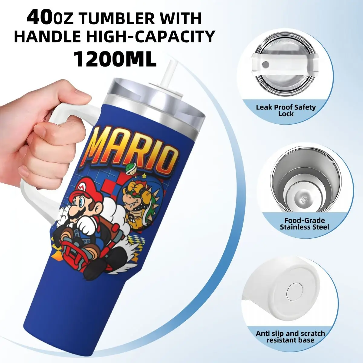 Super Mario Game Stainless Steel Tumbler Driving Car Mugs 40oz Thermal Mug Portable Cold and Hot Milk Tea Water Bottle