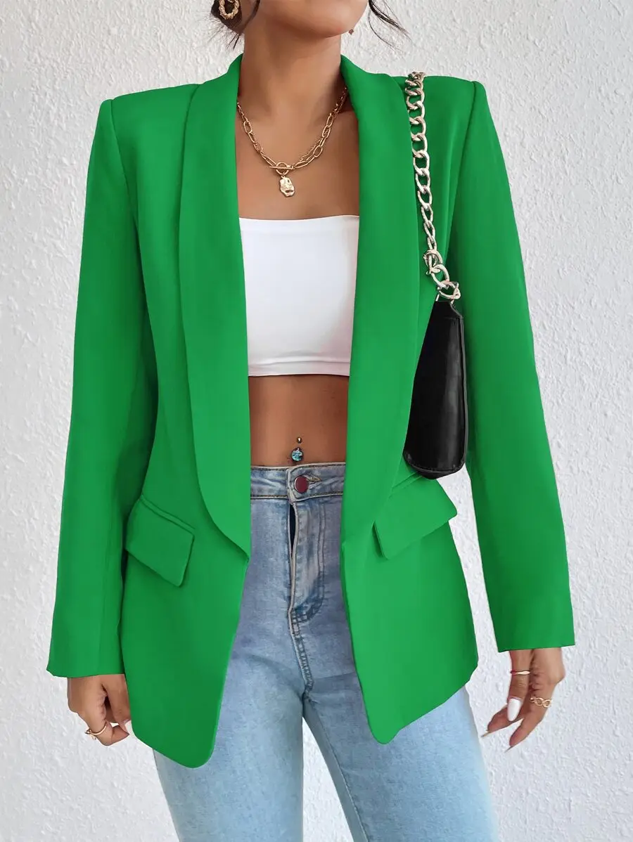 

Emerald Green Solid Lapel Long Sleeve Blazer Jacket for Women
