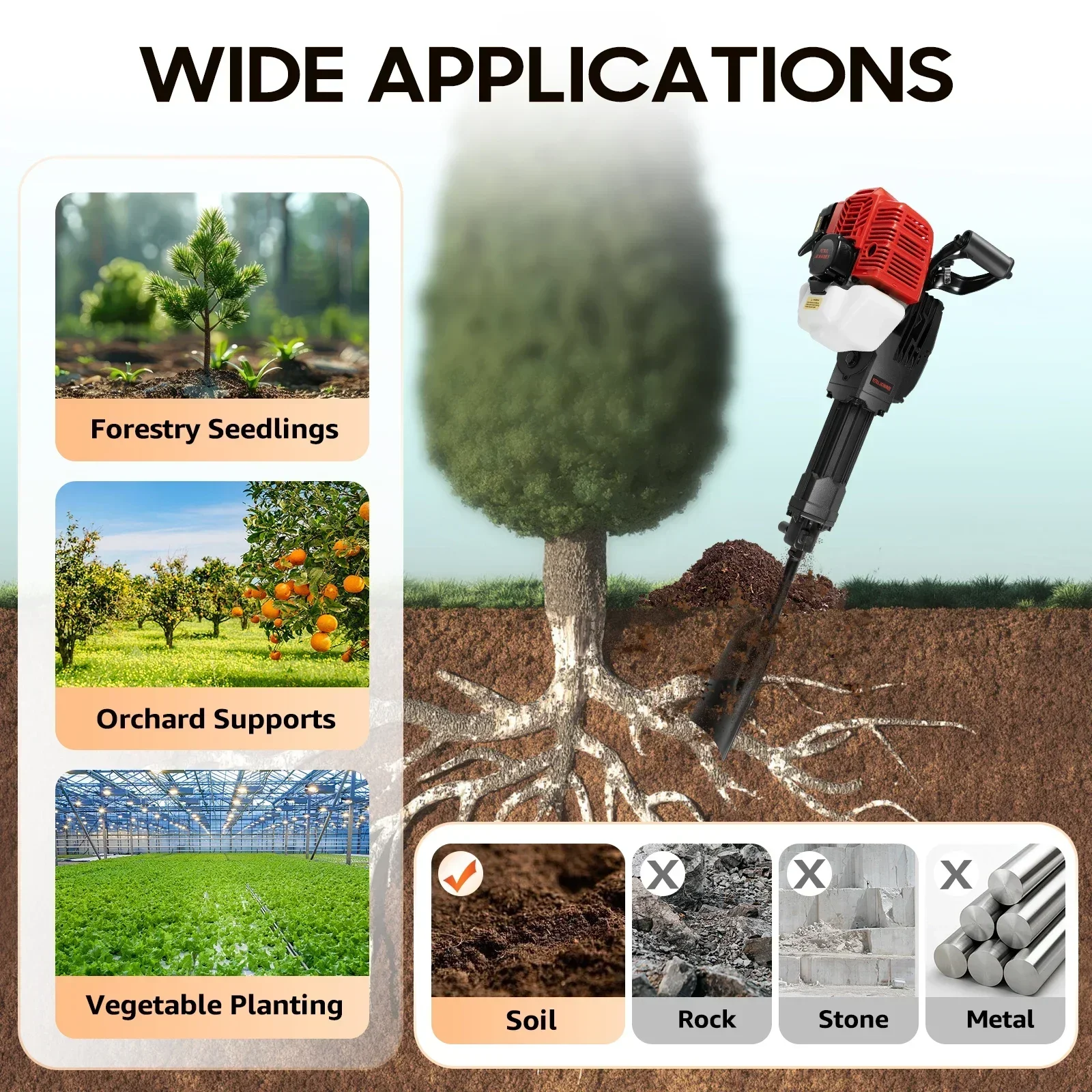 ポータブルガーデンツリーディガー 1900W 2ストロークエンジン 手動プルスタート ツリールートディガー 土壌耕作用 庭園・芝生用