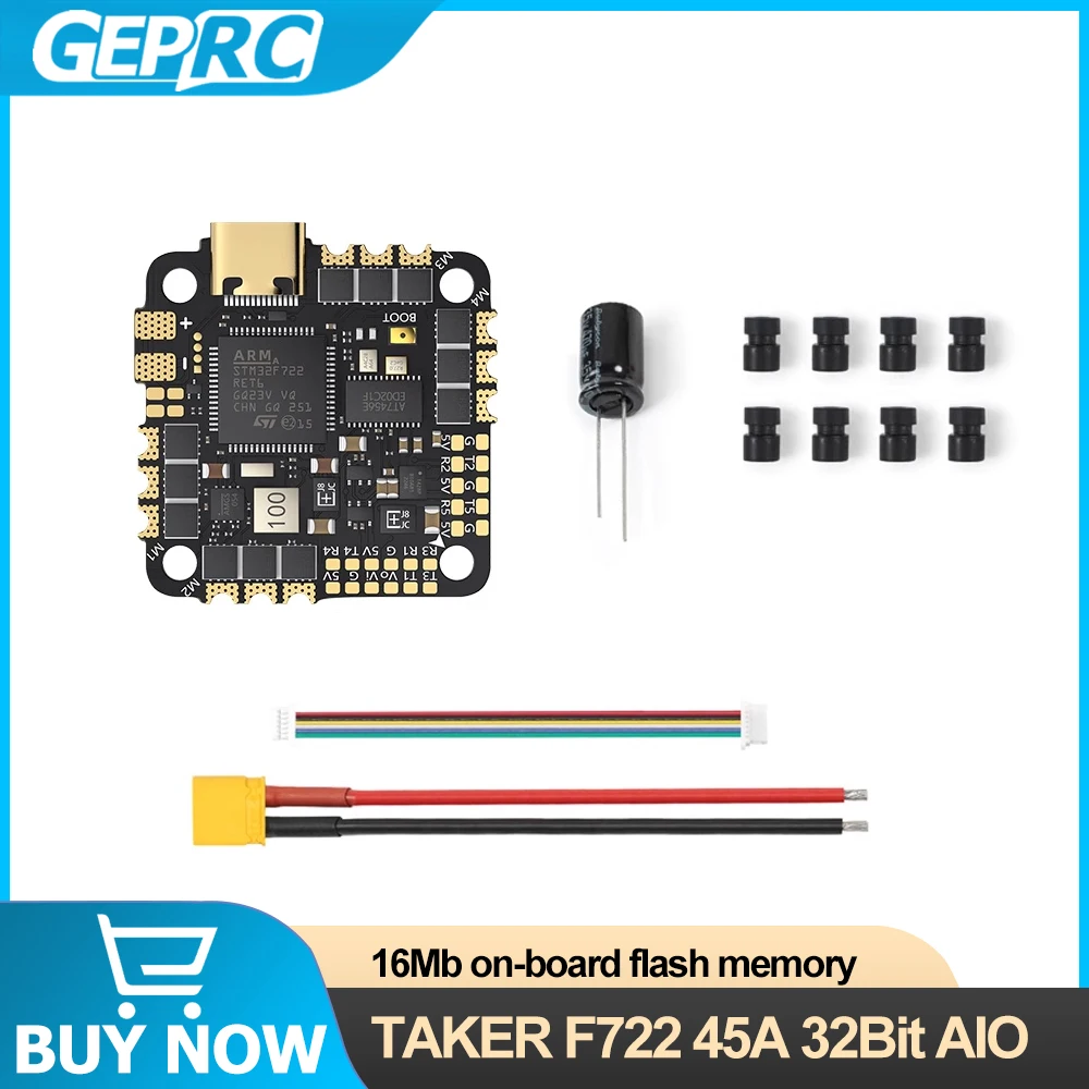 

GEPRC TAKER F722 45A 32Bit AIOFlight Control 45A 2-6S 8bits BLS ESC AT7456E Chip 16MB Black Box for DIY RC FPV Quadcopter Model