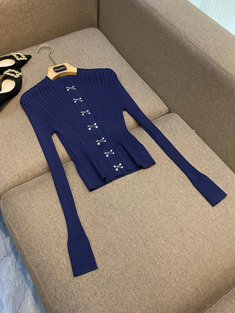 

Ele вязаный кардиган с металлическими пуговицами, женский облегающий эластичный осенне-зимний верхняя одежда, тонкое пальто для поездок на работу, Long Sve