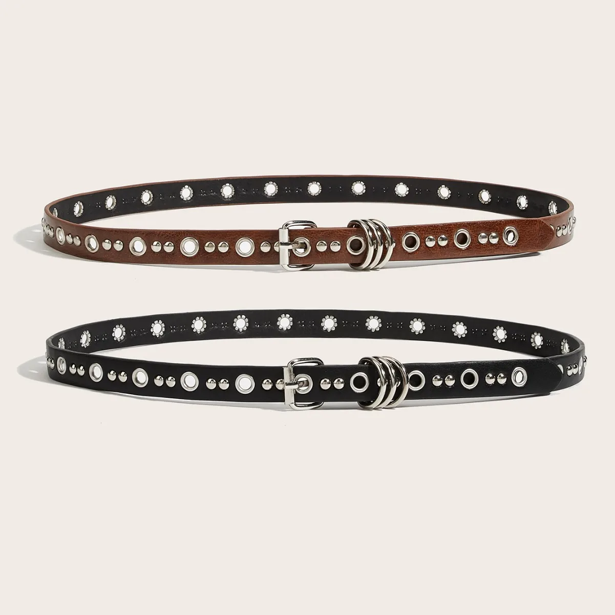 Fashion Y2k Belt American Retro Multi Ring Buckle Air Eye Thin Belt Punk Style Rivet Versatile Spring and Summer New Thin Belt