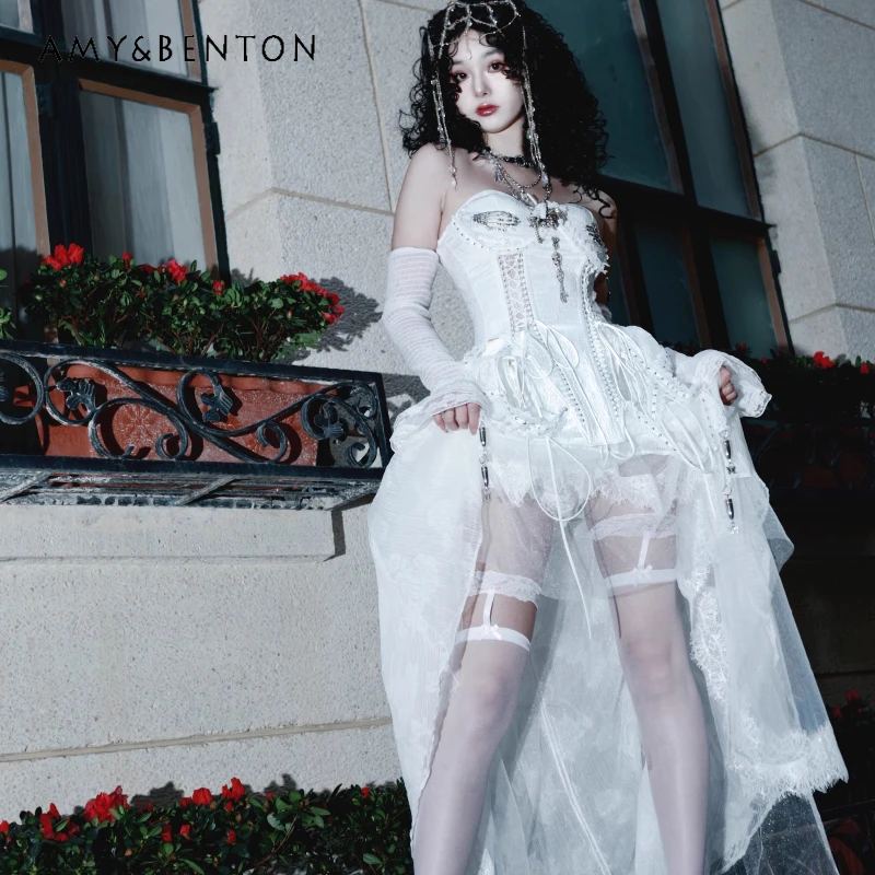 

Original Design White Goth Fishbone Women's Split Skirt Summer Strap Drawstring Corset Temperament Trailing Long Skirts Ladies