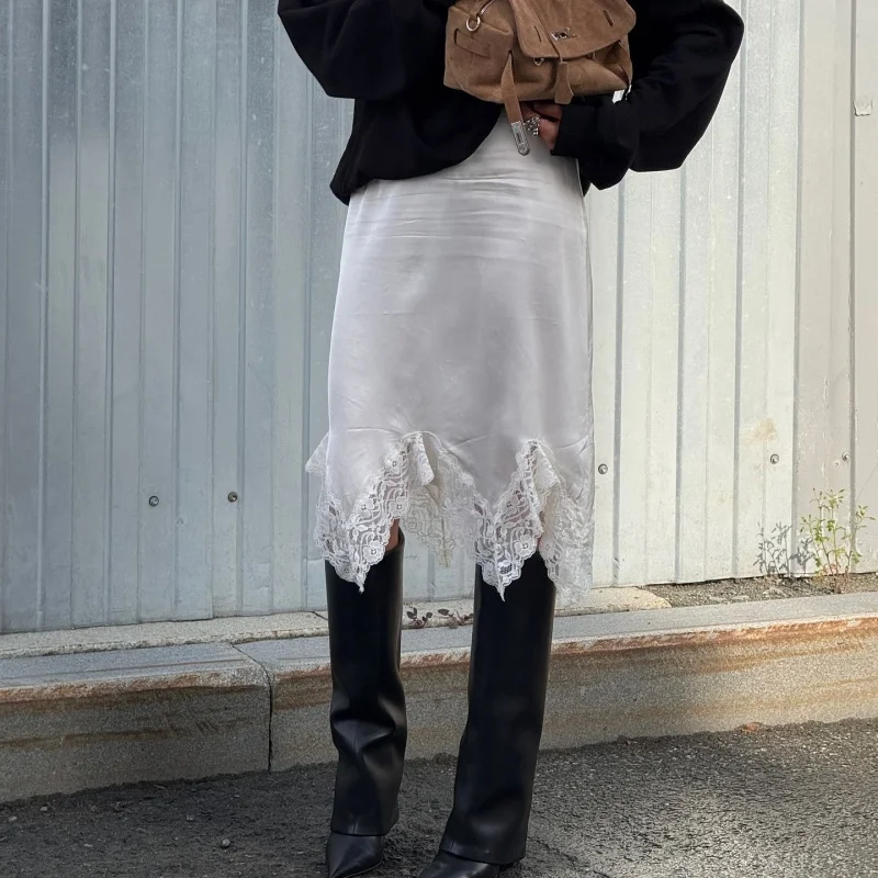 

Irregular Lace Hem Y2k Skirts Autumn White Satin Women Lace Patchwork Asymmetrical Elastic Waist Skirt Faionable Streetwear