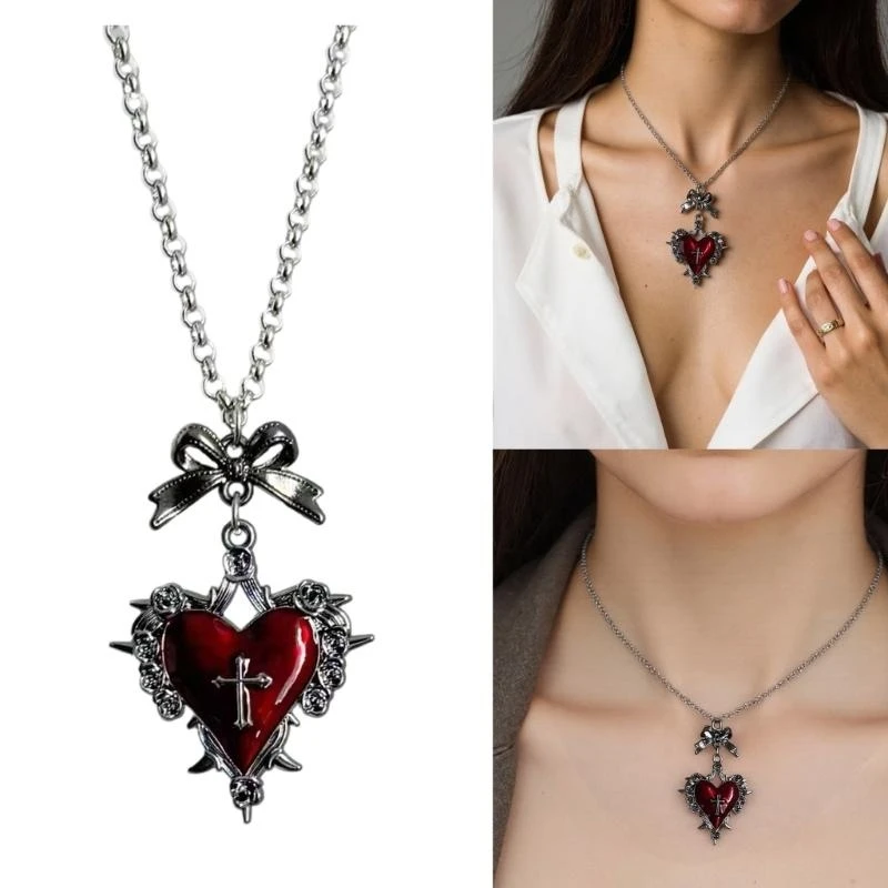  Multipurpose Love Heart Bowknot Gothic Necklace with Crosses Pendant Adjustable Length Designs Jewelry Accessory