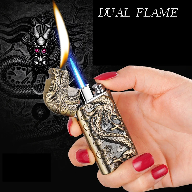 Wholesale of new dual flame direct conversion open flame inflatable lighters with metal three-dimensional relief dragon men\'s li