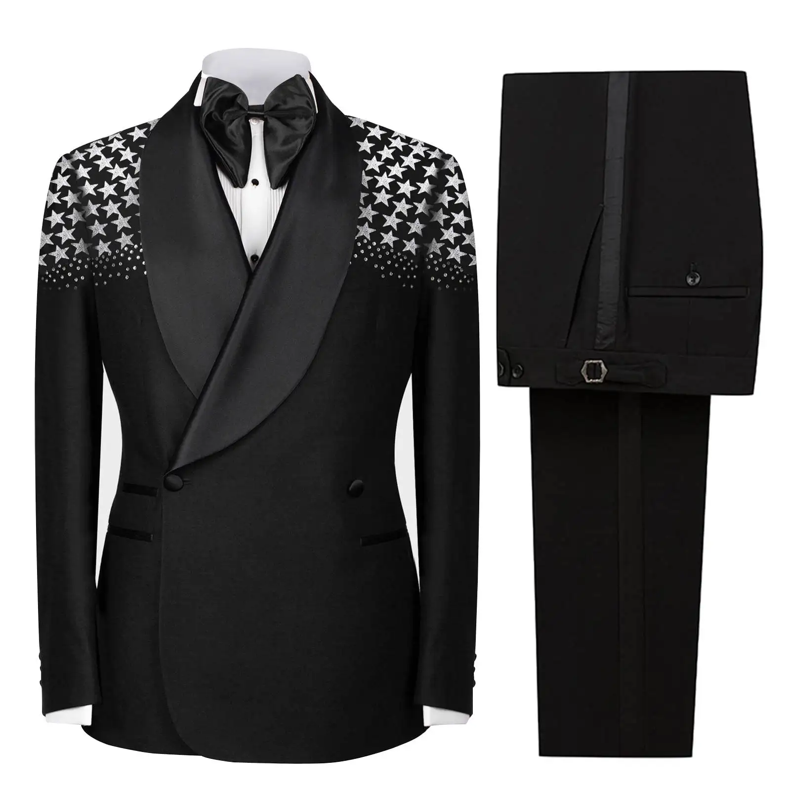 

Customized Men Suit 2 Pieces Shawl Lapel Double Breasted Pants Sets Appliques Beadeds Male Jacket Prom Groom Wedding Tuxedos