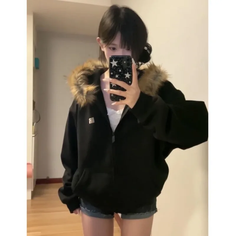 Vintage Letter Print Black Zip Up Hoodies Women Oversized Faux Fur Coat Casual Sweatshirt Autumn Winter Harajuku Jacket Outwear