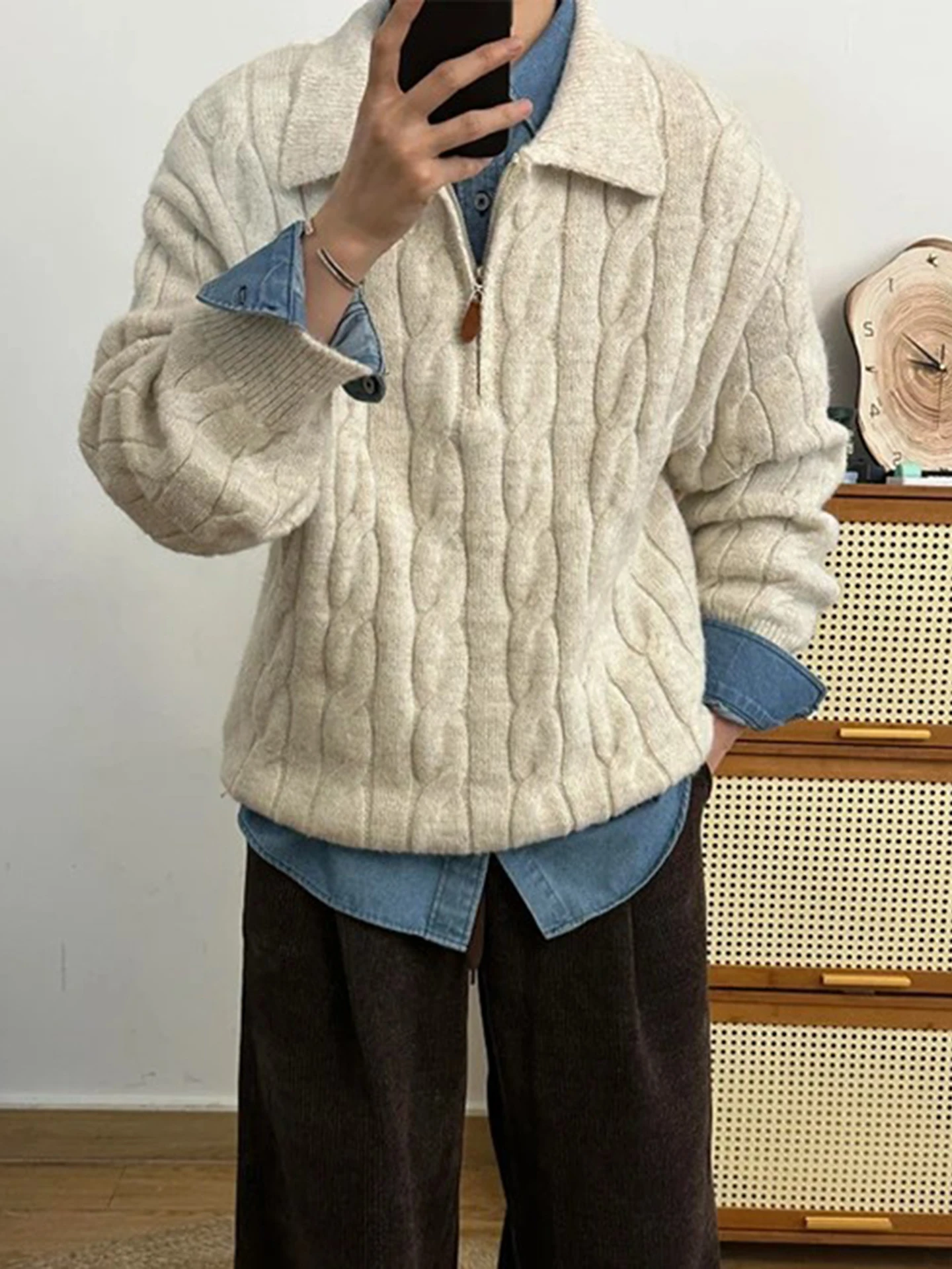 

Men's Autumn Winter Knitted Sweater f Zipper Collared Sweater Outerwear Innerwear Turtlene Faionable Casual Wear