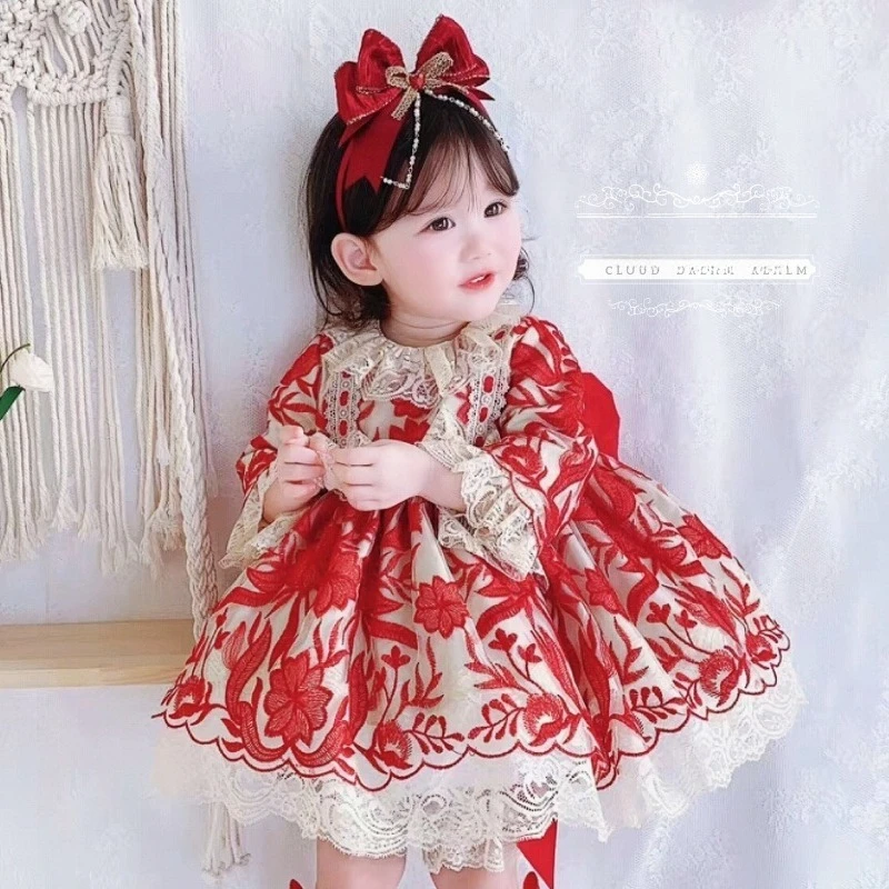 

Toddler Baby Girls Red Lace Dress Long Sleeve Ruffle Collar Big Bow Princess Lolita Dress Kids Birthday Wedding Party Costume